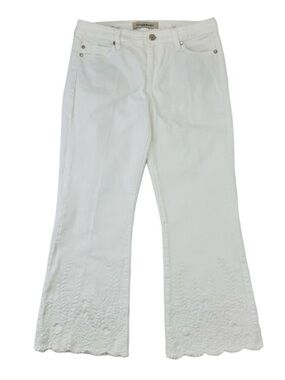Liverpool Embroidered Crop Flare Jeans Size 4 Mid Rise Stretch Denim Floral Hem
